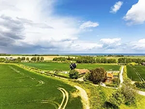 British Countryside Scene Stampe: Fields and Windmill from a drone