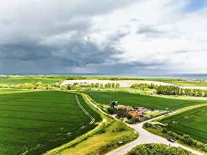 British Countryside Scenes Stampe: Fields and Windmill from a drone