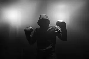 Boxing Concept Image Stampe: Fighter without a face is standing with his hands up