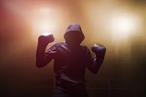 Boxing Concept Image Stampe: Fighter without a face is standing with his hands up