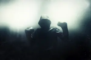 Boxing Concept Image Stampe: Fighter without a face is standing with his hands up