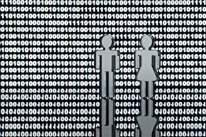Binary Code Concept Stampe: Two figures in front of binary code