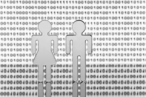 Digital Composing Concept Stampe: Two figures in front of binary code