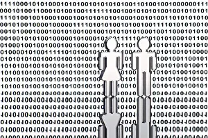 Binary Code Concept Stampe: Two figures in front of binary code