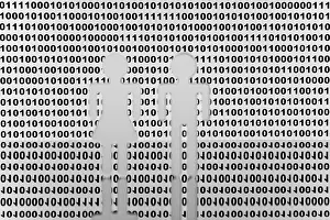 Symbolic Picture Depiction Stampe: Two figures in front of binary code