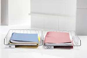 File Folder Organization Stampe: Filing baskets with folders, in, out
