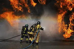 Firefighter In Action Stampe: Fireman working against flames
