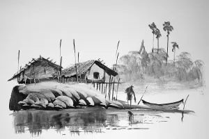 Southeast Asia Fishing Scene Stampe: Fisherman returning with his catch
