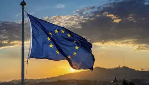 European Union Symbol Stampe: The flag of the EU flutters in the wind