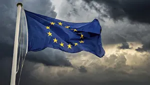 European Union Symbol Stampe: The flag of the EU flutters in the wind