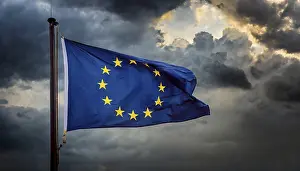 European Union Symbol Stampe: The flag of the EU flutters in the wind