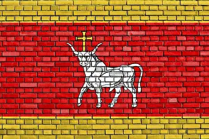 Lituania Stampe: Bandiera di Kaunas dipinta su un muro in mattoni.