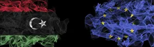 Immagini Correlate Stampe: Bandiere della Libia e dell'UE su sfondo nero.