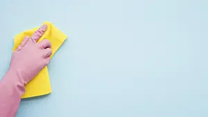 View From Above Concept Image Stampe: Flat lay cleaning composition with copyspace