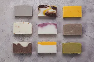 Handmade Soap Bars Stampe: Flat lay composition with handmade soap bars