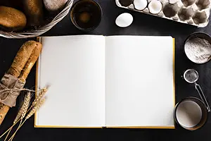 Vegetarian Food Photography Tips Stampe: Flat lay notebook bread ingredients