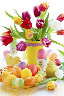 Colorful Easter Eggs Stampe: Food, Easter table decorations with tulips and easter eggs