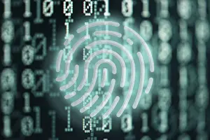 Cyber Crime Protection Stampe: glowing fingerprint symbol against binary code digital background