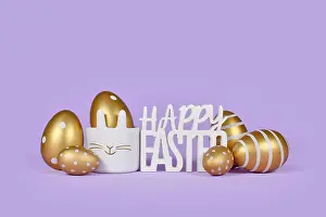 Violet Background Stampe: Golden easter eggs and text Happy easter on violet background