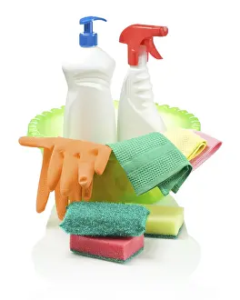 Household Cleaning Supplies Stampe: Green basin with cleaning objects