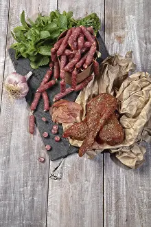 Pork Meat Products Stampe: Ham and different vegetables on a studio background