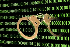 Golden Bitcoin Symbol Stampe: Handcuffs with binary code, symbol image of computer criminality