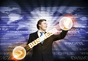 Handsome Businessman Suit Stampe: Handsome businessman in suit using virtual interface of computer application