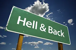 Cloudy Dramatic Sky Image Stampe: Hell and back road sign with dramatic clouds and sky