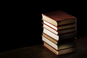 Office Work Desk Setup Stampe: High angle books stack with copy space