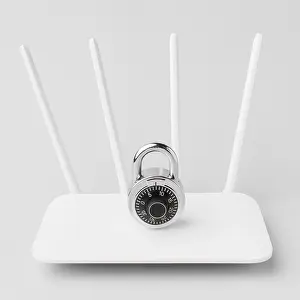 Online Safety Precautions Stampe: High angle internet router with lock