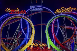 German Fairground Ride Stampe: Illuminated Olympia five-loop, roller coaster