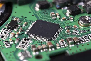 Printed Circuit Board Image Stampe: Integrated circuit with a processor chip on computer mainboard