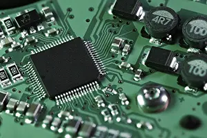 Electronic Component Detail Stampe: Integrated circuit with a processor chip on computer mainboard