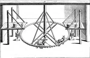 Uninhabited Industrial Structure Stampe: Interior of a mill two pair of wheels driven by animals