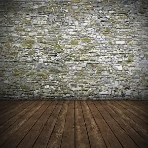 Digitally Generated Image Stampe: Empty interior with stone wall, 3D render