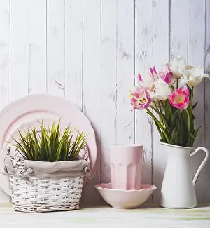Deserted Breakfast Table Setting Stampe: Kitchen table top in rustic shabby chic style