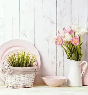 Deserted Breakfast Table Setting Stampe: Kitchen table top in rustic shabby chic style