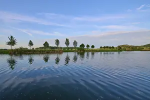 Deserted Fortification Architecture Stampe: Lake in spring with row of trees and reflection