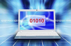 Digital Information Security Stampe: Laptop displaying binary code and abstract blue glow