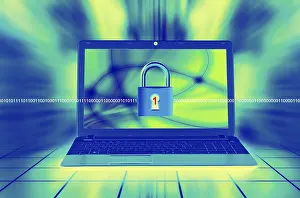 Digital Security Stampe: A laptop screen displays a padlock with binary code