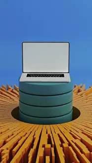 Digital Information Technology Stampe: A laptop stands surrounded by vibrant data elements