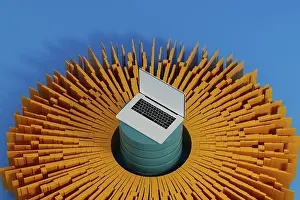 Digital Information Technology Stampe: A laptop stands surrounded by vibrant data elements