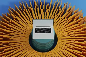 Digital Information Technology Stampe: A laptop stands surrounded by vibrant data elements