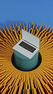 Artificial Intelligence Technology Stampe: A laptop stands surrounded by vibrant data elements