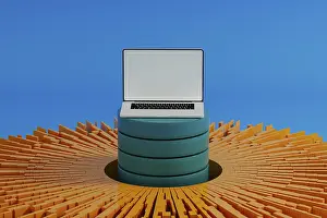 Scientific Research And Analysis Stampe: A laptop stands surrounded by vibrant data elements