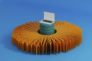 Artificial Intelligence Technology Stampe: A laptop stands surrounded by vibrant data elements