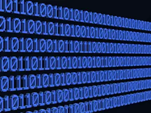 Computer Graphic Symbolic Picture Stampe: Several lines of binary code, blue zeros and ones against a black background
