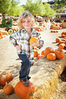 Rustic Ranch Setting Stampe: Little Boy Standing in a Rustic Ranch Setting at the Pumpkin Patch