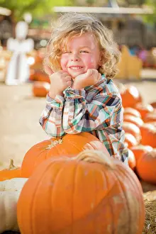 Halloween Images Stampe: Little Boy Standing in a Rustic Ranch Setting at the Pumpkin Patch