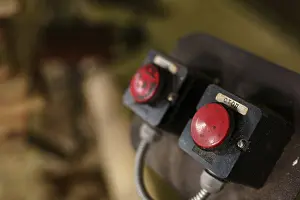 Industrial Building Architecture Stampe: Machine control panel with two red buttons